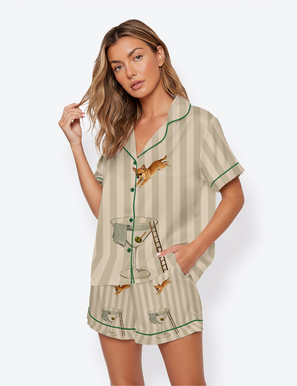 Women’s Chihuahua Martini Diver Modern Cocktail Short Sleeve Satin Pajama Set